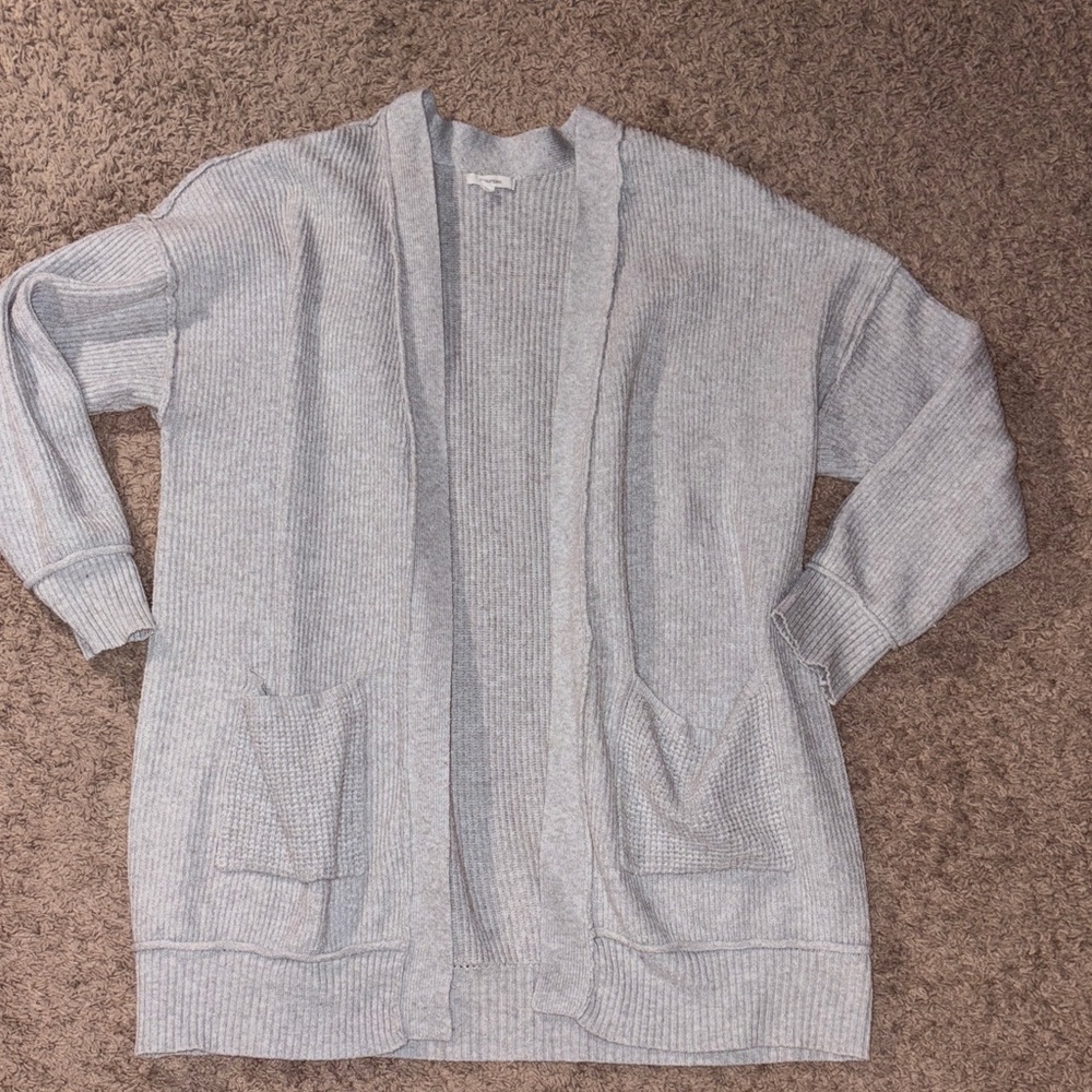 Light Gray Open-Front Ribbed Women's Cardigan Sweater